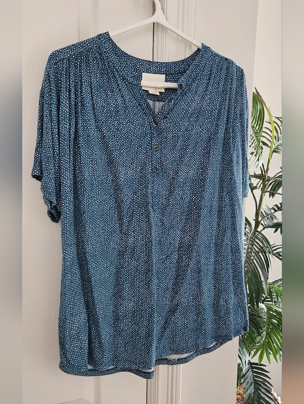 Anthropologie Maeve Blue Printed Short-Sleeve Button Henley